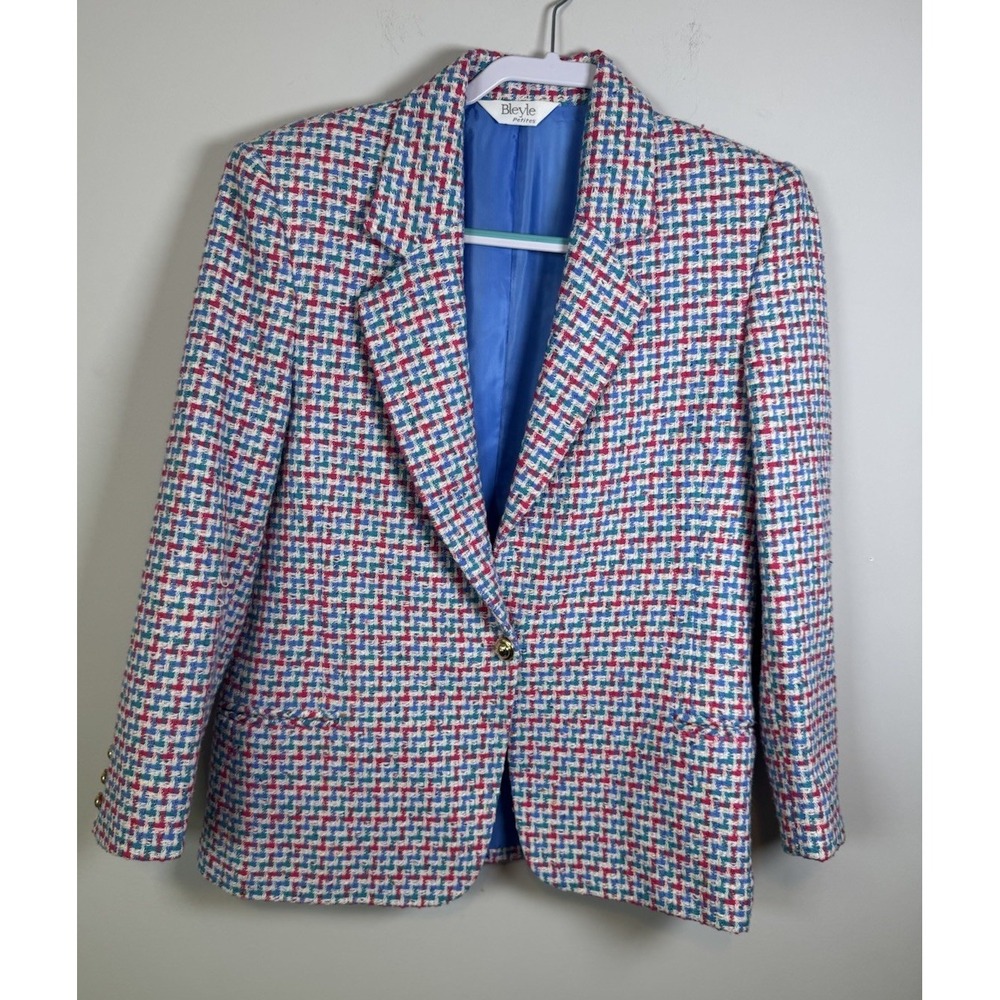 Vtg Bleyle Womens Blazer Jacket  Tweed Size 6 P Pink‎ Blue Teal Button Gold
